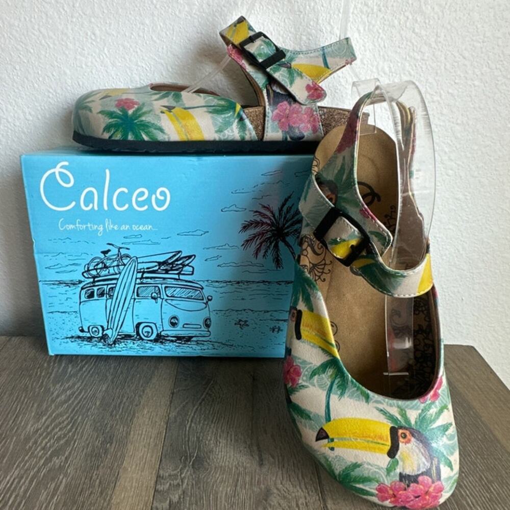 Calceo CAL1608 Clogs Toucan Tropical Bird Cork Sole Buckle Women's Size 9 Boho